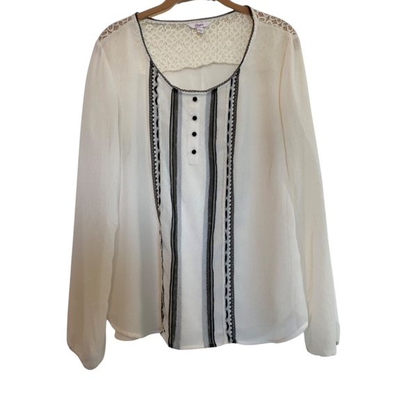 CANDIE’S Blouse Semi Sheer Ivory Lace Black Buttons and Accents Long Sleeve - Picture 1 of 15